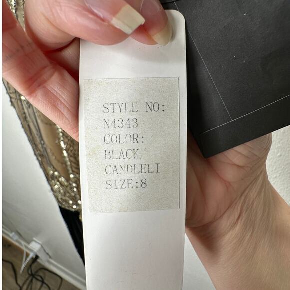 NWT Sue Wong Beaded Gold Mesh Top Black Fringe Bottom Evening Dress 8 - Picture 7 of 15